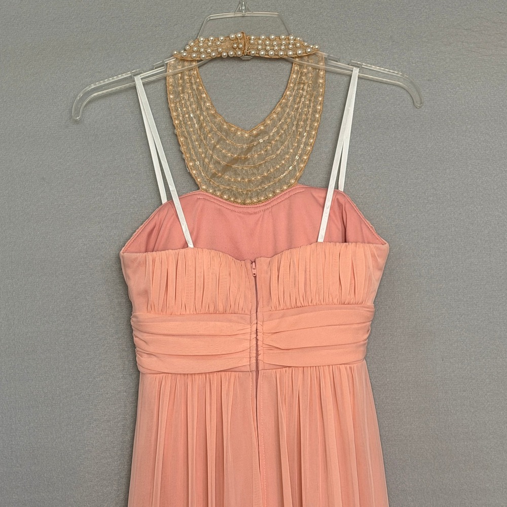 City Triangles Pearl Halter Mesh Maxi Dress Womens Size 3 Blush Pink Formal Prom - Picture 8 of 14
